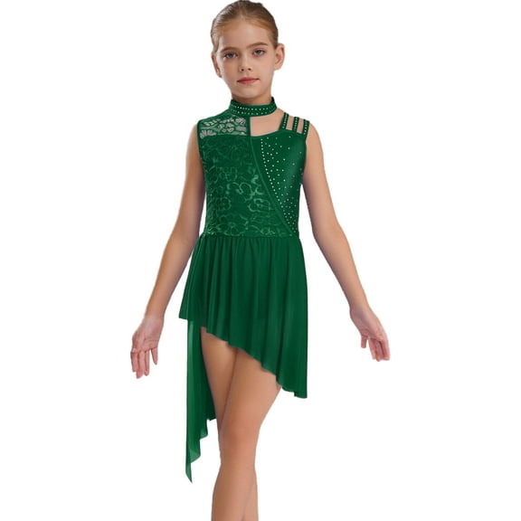 TTAO Girls Floral Lace Dance Dress Kids Sleeveless Irregular Lyrical Ballet Leotard Dress Ballet Dancewear Green 8
