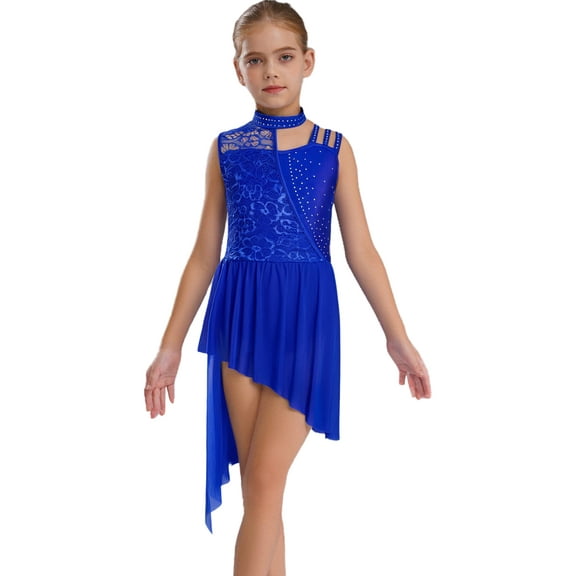 TTAO Girls Floral Lace Dance Dress Kids Sleeveless Irregular Lyrical Ballet Leotard Dress Ballet Dancewear Royal Blue 6