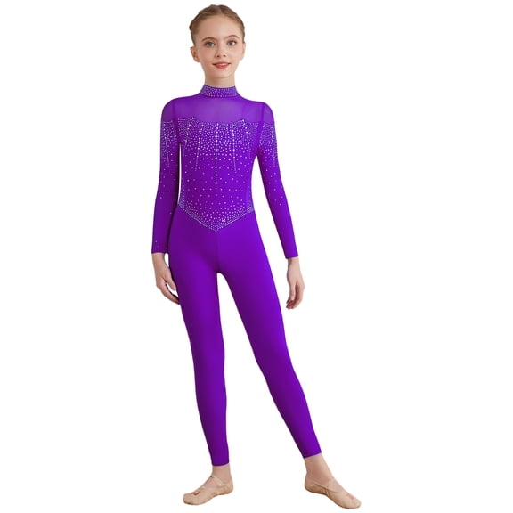 TTAO Girls Full Body Gymnastics Leotard Long Sleeve Rhinestones Figure Ice Skating Unitards Purple 6