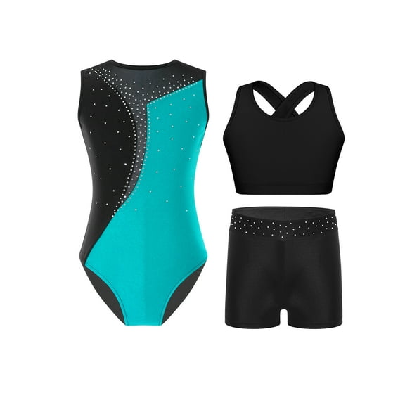 TTAO Girls Gymnastics Leotard Kids 3 Piece Sparkle Dance Unitard Sports Bra Top with Shorts Ballet Tumbling Outfit Blue Green 12