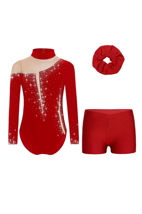 Girls Gymnastics Leotard Kids Long Sleeve Sports Unitard with Shorts and Hairband for Gym Dance B Burgundy 14