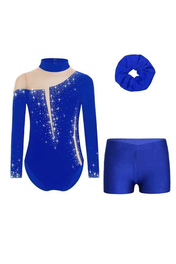 Girls Gymnastics Leotard Kids Long Sleeve Sports Unitard with Shorts and Hairband for Gym Dance B Royal Blue 12
