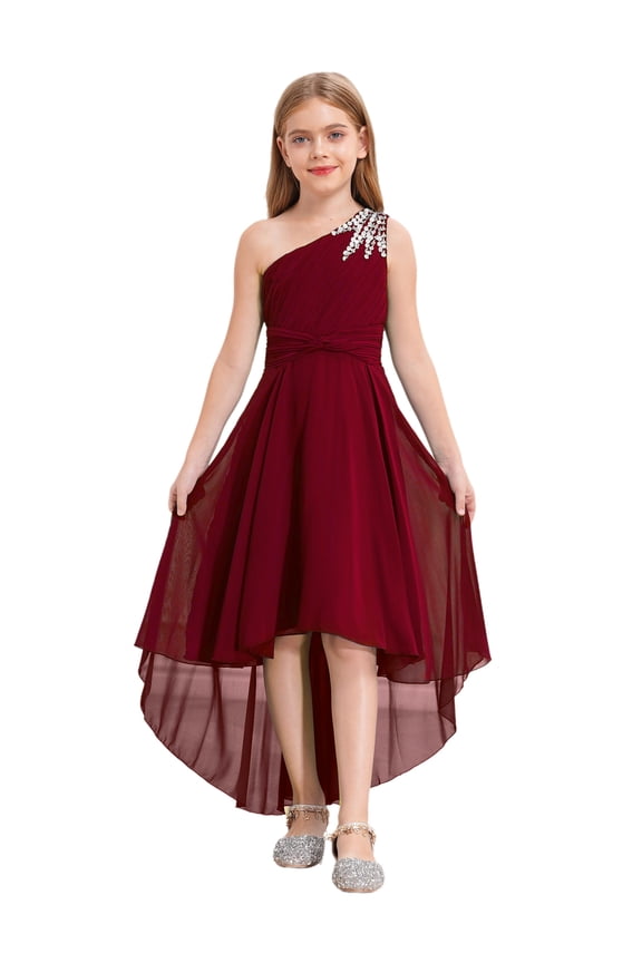 Girls High Low Dresses Kids One Shoulder Ruched Chiffon Wedding Bridesmaid Formal Flower Dress Burgundy 14