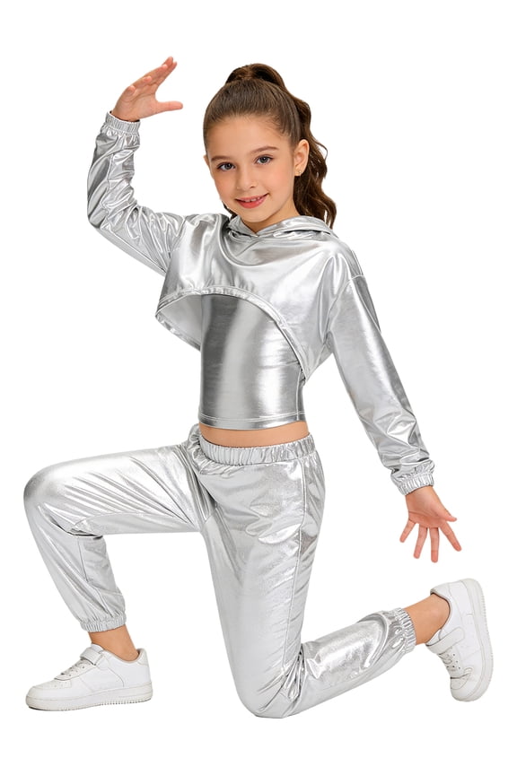 Girls Hip Hop Modern Jazz Disco Street Dance Outfit Metallic Hoodie Sweatshirt Camisole Vest With Pants Set Silver 8