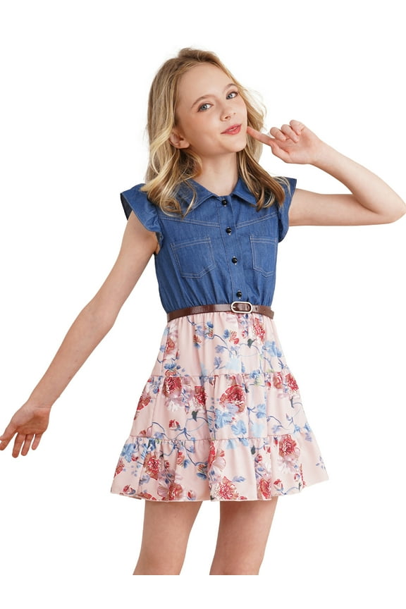 Girls Jean Dress Summer Floral Print Denim Tutu Skirts with Belt Flying Sleeve Princess Dresses Pink 12