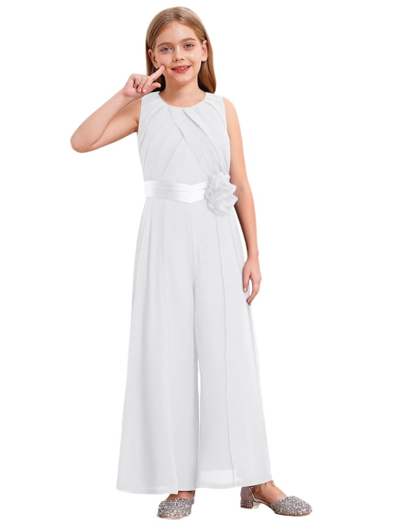 Girls Jumpsuit Sleeveless Chiffon Romper Long Wide Leg Trousers Party Wedding Communion Formal Ivory 12
