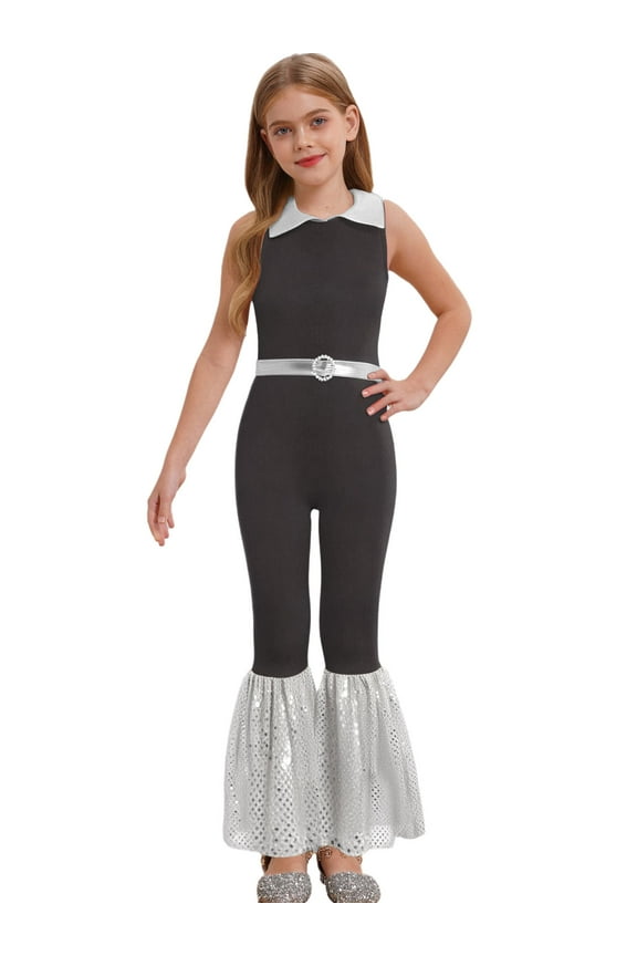 Girls Kids Sleeveless Jazz Dance Jumpsuit Unitards Turn-down Collar Zipper Long Romper 70s Disco Clothes Black&Silver 10