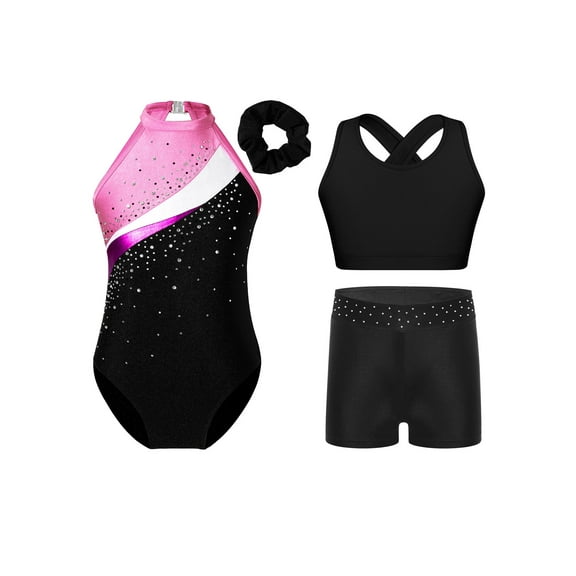 TTAO Girls' Leotard Dance Clothes Dance Leotards for 6-16 Years Fashion Hair Band Sleeveless Sparkly Tumbling Pink 6