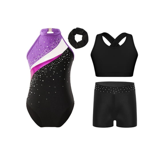 TTAO Girls' Leotard Dance Clothes Dance Leotards for 6-16 Years Fashion Hair Band Sleeveless Sparkly Tumbling Purple 14