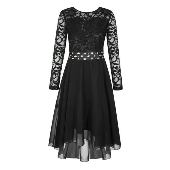 TTAO Girls Long Sleeve Floral Lace Wedding Party Formal Flower Dress Kids Special Occasion Dresses Black 10