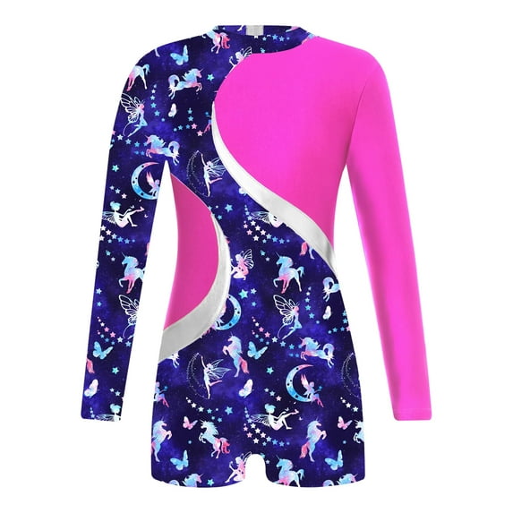 TTAO Girls Long Sleeve Gymnastics Leotards Stretchy Ballet Dance Unitard Athletic Shorty Bodysuit Hot Pink 14