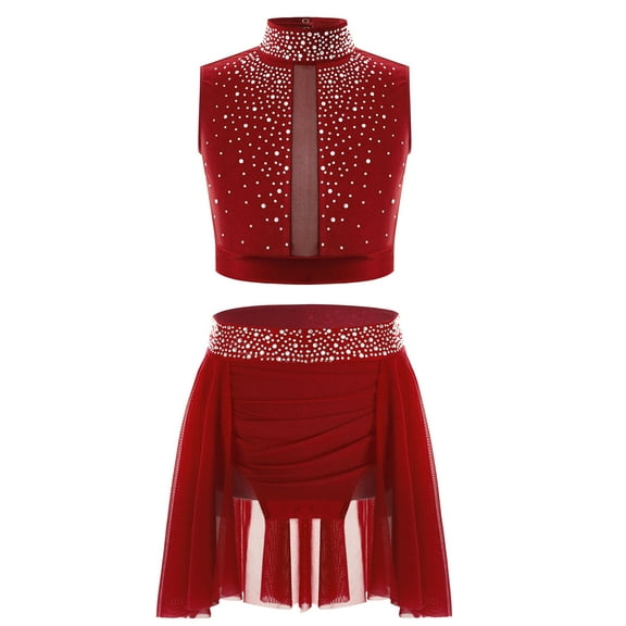 TTAO Girls Lyrical Dance Costume Shiny Rhinestones Crop Top with Skirt Leotard 2-Piece Ballet Dance Outfits Burgundy 10