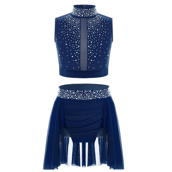 TTAO Girls Lyrical Dance Costume Shiny Rhinestones Crop Top with Skirt Leotard 2-Piece Ballet Dance Outfits Navy Blue 12