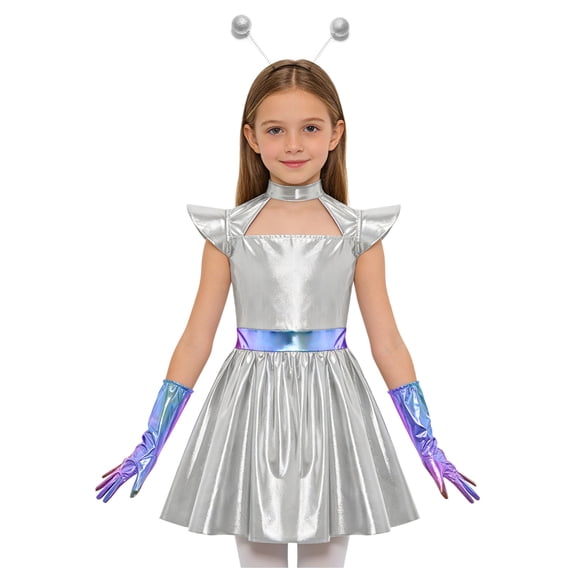 TTAO Girls Metallic A-line Back Zip Alien Dress Robot Outer Space Man ...