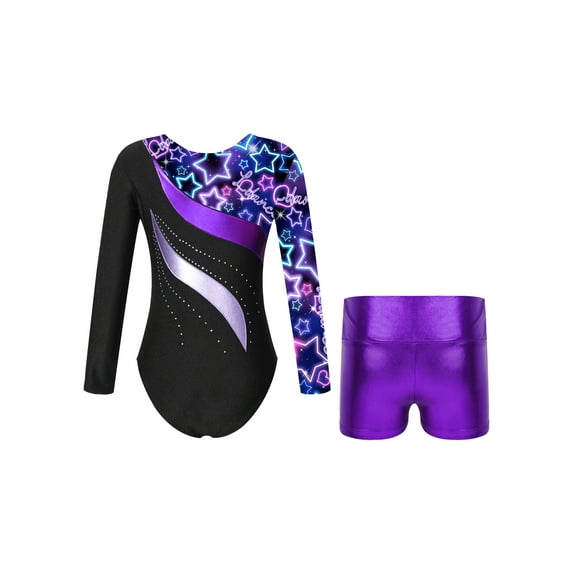 TTAO Girls Metallic Gymnastics Leotard Long Sleeve Ballet Dance One Piece Unitard with Shorts Outfit Neon Black 12