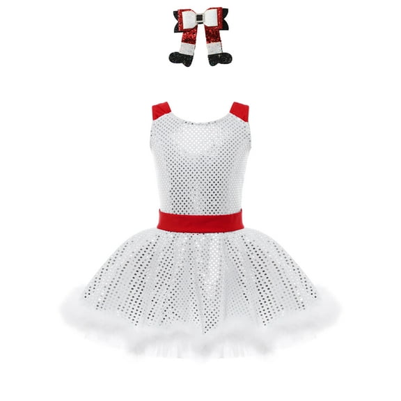 TTAO Girls Miss Santa Ice Skating Dance Sets Sequins Cutout Back Tutu Princess Dress with Hairclip White 4