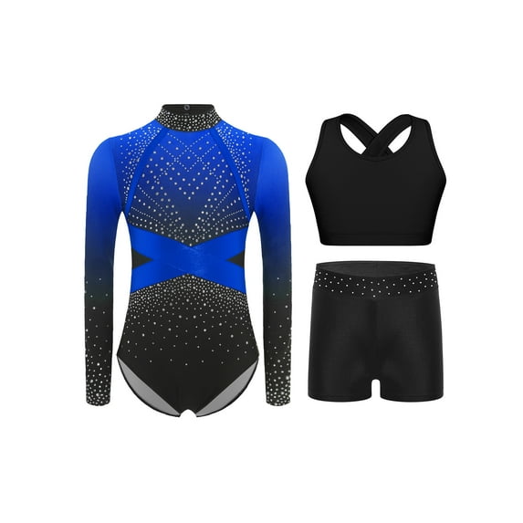 TTAO Girls Rhinestone Color Block Gymnastic Leotard Long Sleeve Ballet Dance Skating Bodysuit with Sports Bra Shorts Blue 8