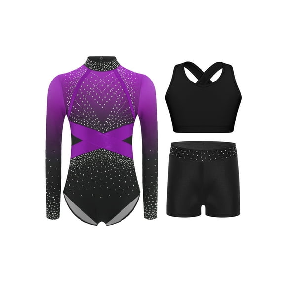 TTAO Girls Rhinestone Color Block Gymnastic Leotard Long Sleeve Ballet Dance Skating Bodysuit with Sports Bra Shorts Purple 12
