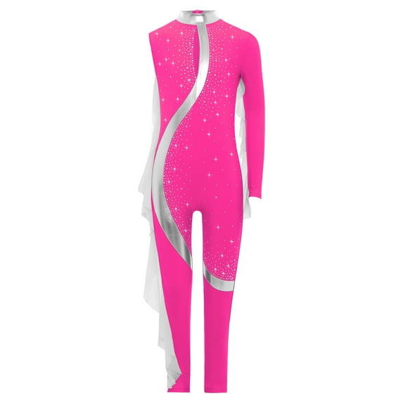 TTAO Girls Rhinestone Jumpsuit Long Sleeve Metallic Patchwork Gymnastics Leotard Unitard Ballet Dance Bodysuit Hot Pink 8