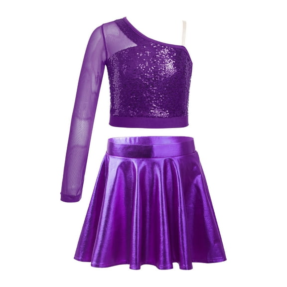 TTAO Girls Sequins Hip Hop Jazz Dance Dress Outfits Kids Metallic Crop Top with Skirt Dancing Cheerleading cLOTHES Purple 14