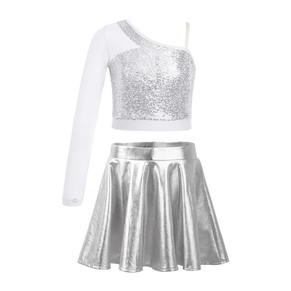 TTAO Girls Sequins Hip Hop Jazz Dance Dress Outfits Kids Metallic Crop Top with Skirt Dancing Cheerleading cLOTHES Silver 16