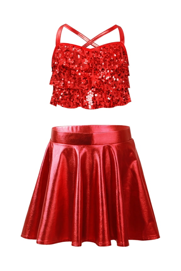 Girls Sequins Jazz Latin Dance Outfits Crop Top with Metallic Mini Skirt for Salsa Samba Rumba Cheerleading Performance Red 16