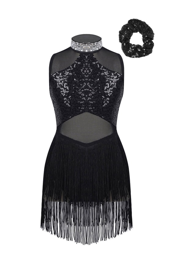 Girls Sequins Tassel Latin Dance Leotard Ballet Jazz Tap Dance Costumes Fringe Cocktail Dress Black 16