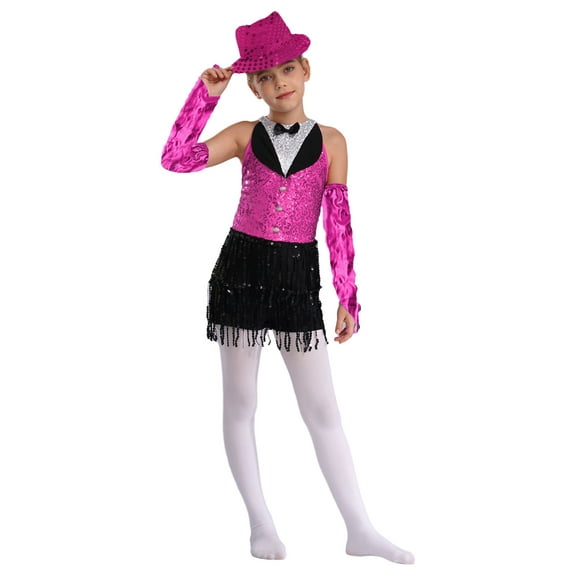 TTAO Girls Shiny Hollow Back Latin Salsa Ballet Fringe Tassel Lyrical Dress with Gloves Hat Set Dancewear Hot Pink 14