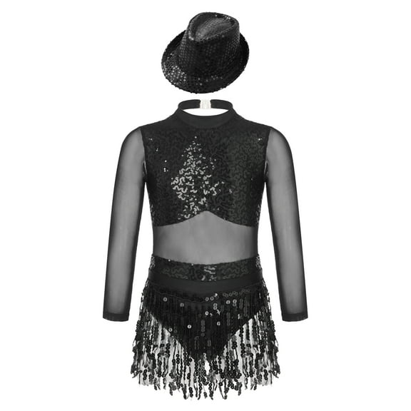 TTAO Girls Shiny Long Sleeve Latin Dance Tassel Hem Dress with Hat Kids Leotard Samba Salsa Dance Ballroom Costumes Black 6