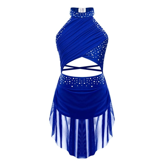 TTAO Girls Shiny Lyrical Ballet Leotard Dress Backless Jazz Latin Cha-Cha Rumba Samba Dance Costume Blue 16