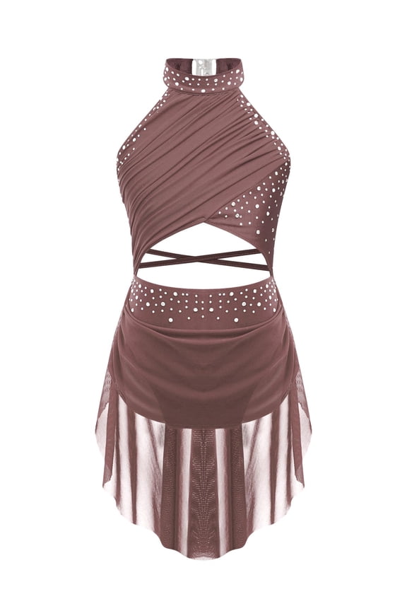 Girls Shiny Lyrical Ballet Leotard Dress Backless Jazz Latin Cha-Cha Rumba Samba Dance Costume Dusty Pink 14
