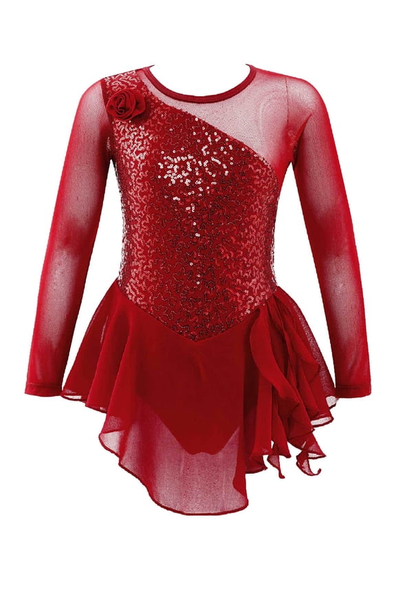 Girls Shiny Mesh Spliced Figure Ice Skating Dress Competition Dance Costumes Leotard Ballet Tutu Dress Red 6