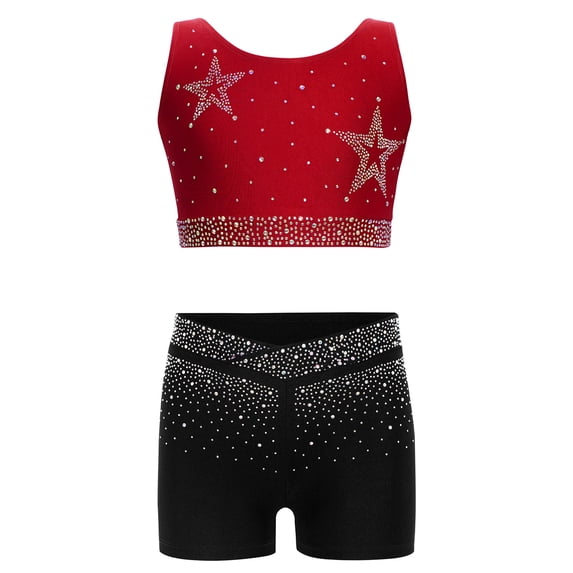 TTAO Girls' Sleeveless Crop Tops With Dance Shirts And Short Gymnastics Shorts Glitter Rhinestones Fitness Yoga Two Piece Sports Outfits Burgundy+Black 14