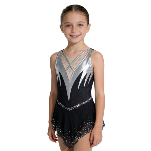 TTAO Girls Sleeveless Figure Skating Dress Sparkly Diamond Sleeveless Gymnastics Ballet Dance Dress for Competitions Black Silver 10