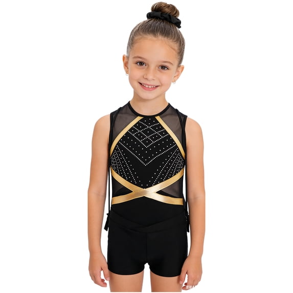 TTAO Girls Sparkly Ballet Dance Set 4-Piece Gymnastics Bundle Sleeveless Rhinestone Leotard with Shorts Outfits Gift Set A Black 14