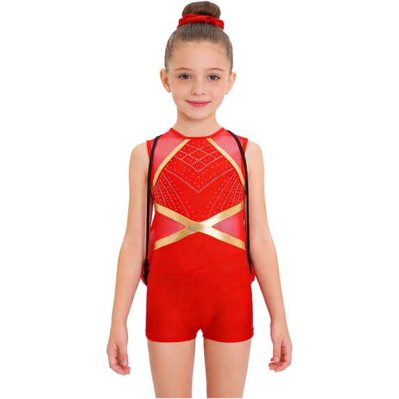 TTAO Girls Sparkly Ballet Dance Set 4-Piece Gymnastics Bundle Sleeveless Rhinestone Leotard with Shorts Outfits Gift Set A Red 8