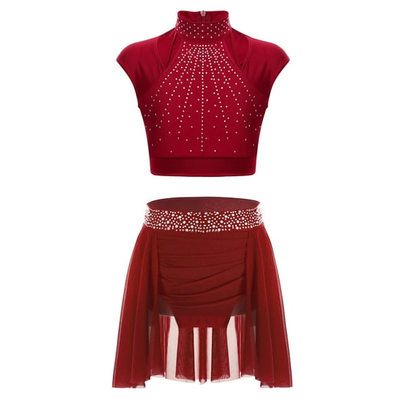 TTAO Girls Two-Piece Figure Skating Dance Gymnastics Outfits Rhinestone Crop Tops with Skirted Briefs Set Burgundy 10