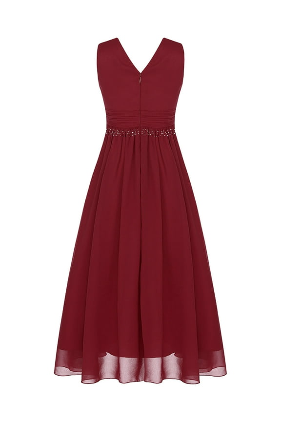 Girls V-Neck Chiffon Sleeveless Junior Bridesmaid Dress Ruched A-Line Maxi Wedding Party Gown Burgundy 8