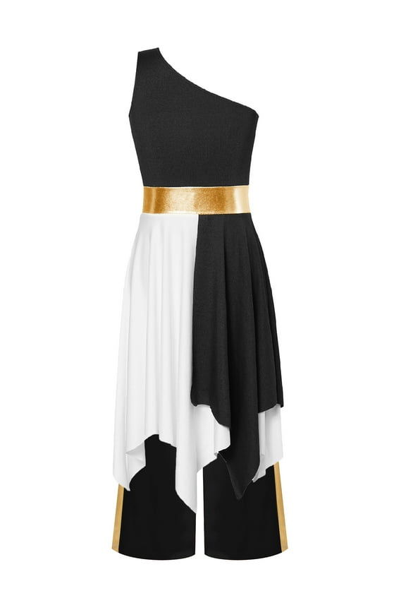 Girls Worship Dance Dress Clothing Sets Sleeveless Asymmetrical Hem Church Choir Dress with Wide-Leg Praise Pants Black 10