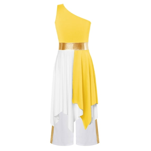 TTAO Girls Worship Dance Dress Clothing Sets Sleeveless Asymmetrical Hem Church Choir Dress with Wide-Leg Praise Pants Yellow 12