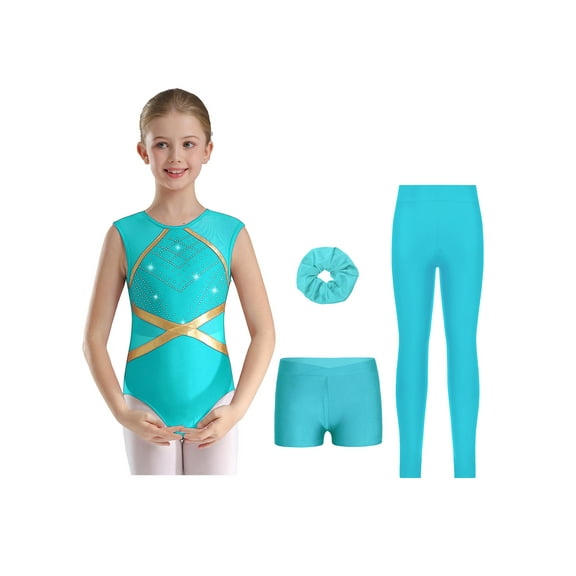 TTAO Gymnastics Athletic Leotard For Kids Girls With Shorts Leggings And Headband Set Sparkling Ballet Dance Unitard Blue Green 6