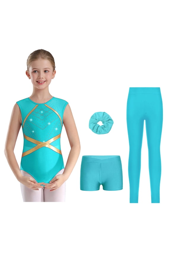 Gymnastics Athletic Leotard For Kids Girls With Shorts Leggings And Headband Set Sparkling Ballet Dance Unitard Blue Green 6