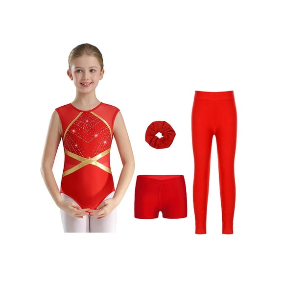 TTAO Gymnastics Athletic Leotard For Kids Girls With Shorts Leggings And Headband Set Sparkling Ballet Dance Unitard Red 16