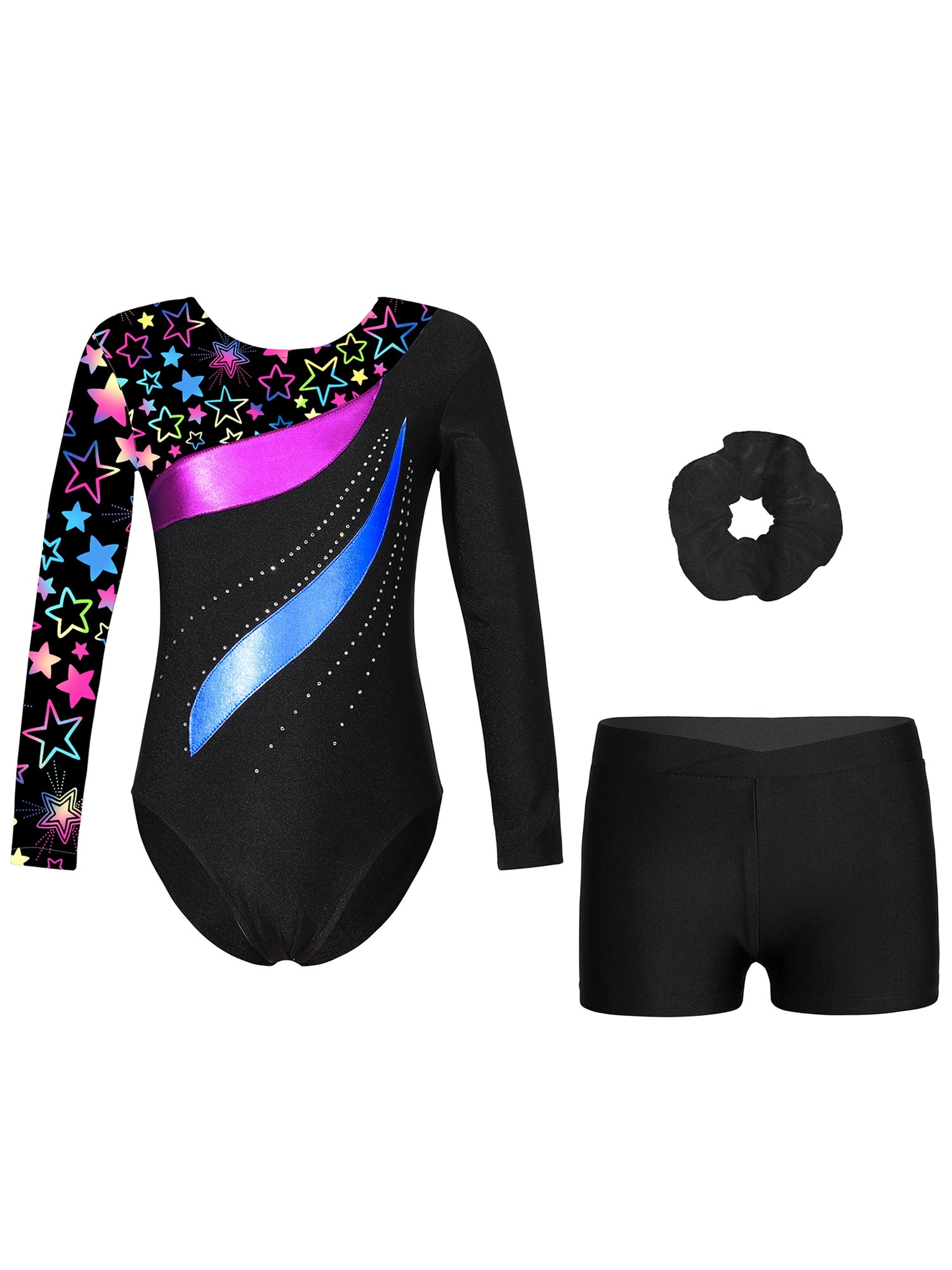 Girls Three-Piece Gymnastics Leotards, Long Sleeve Gymnastics Set With Shorts And Hairband, Sparkling Ballet Dancing Unitards