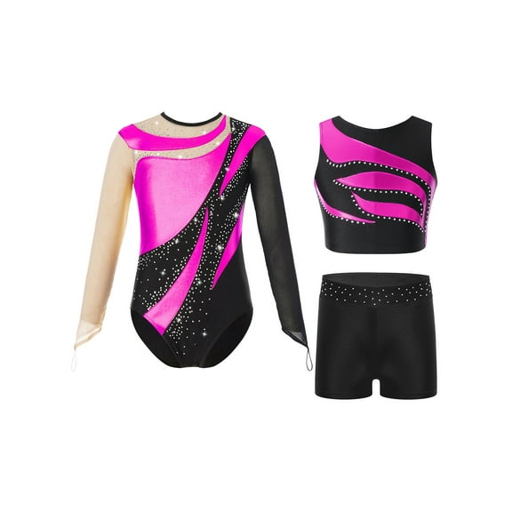 TTAO Gymnastics Leotard for Girls Long Sleeve Sparkly Dance Ballet Unitard Tumbling Biketard Vest with Shorts Set Hot Pink 6