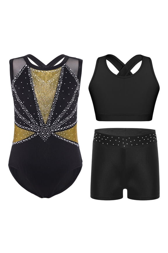 Gymnastics Leotard for Girls Sleeveless Sparkle Dance Bodysuit Athletic Unitard with Sport Bra Shorts Set Black Gold 8