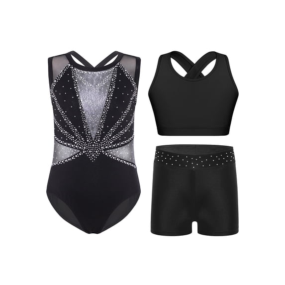 TTAO Gymnastics Leotard for Girls Sleeveless Sparkle Dance Bodysuit Athletic Unitard with Sport Bra Shorts Set Black Silver 12
