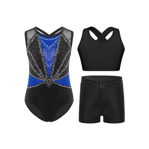 TTAO Gymnastics Leotard for Girls Sleeveless Sparkle Dance Bodysuit Athletic Unitard with Sport Bra Shorts Set Blue 14