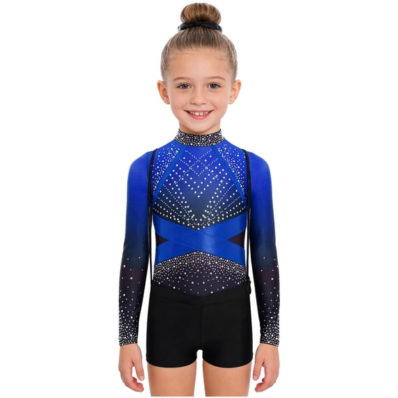 TTAO Gymnastics Leotards Outfits for Girls Long Sleeve Shiny Rhinestones Leotards with Shorts Scrunchie Drawstring Bag Blue 10