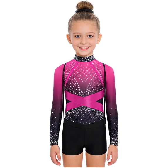 TTAO Gymnastics Leotards Outfits for Girls Long Sleeve Shiny Rhinestones Leotards with Shorts Scrunchie Drawstring Bag Hot Pink 6